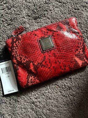 Herve Leger Red Snakeskin Zip Pouch with Silver Plaque